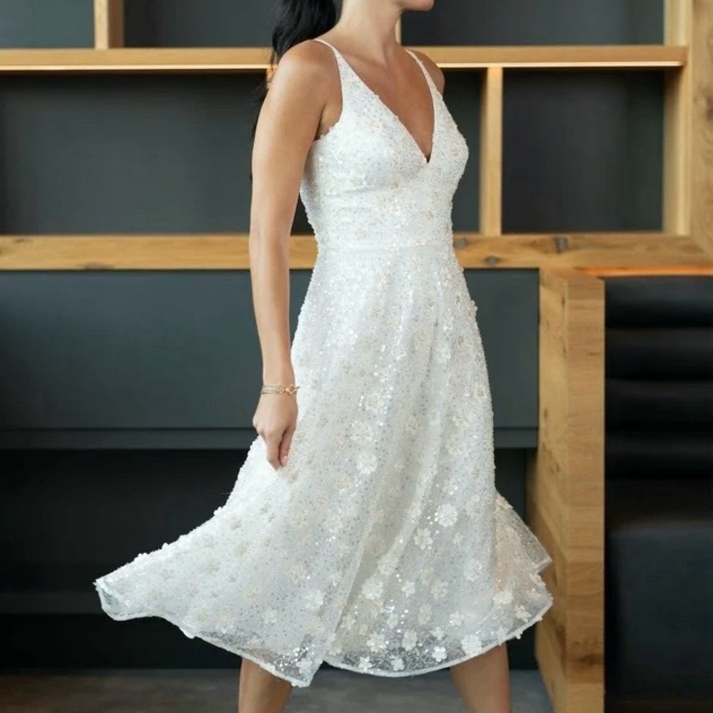 Dress the Population White Sequined V-Neck Tea-Length Wedding Dress